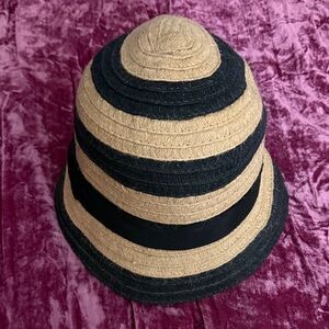 Anthropologie Black and Tan Striped Straw Bucket Hat